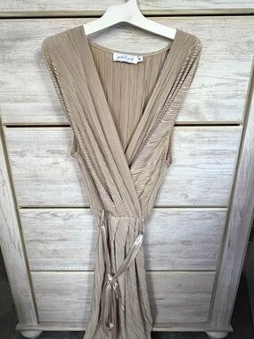 Petal & Pup Pleated Taupe Wrap Midi Dress